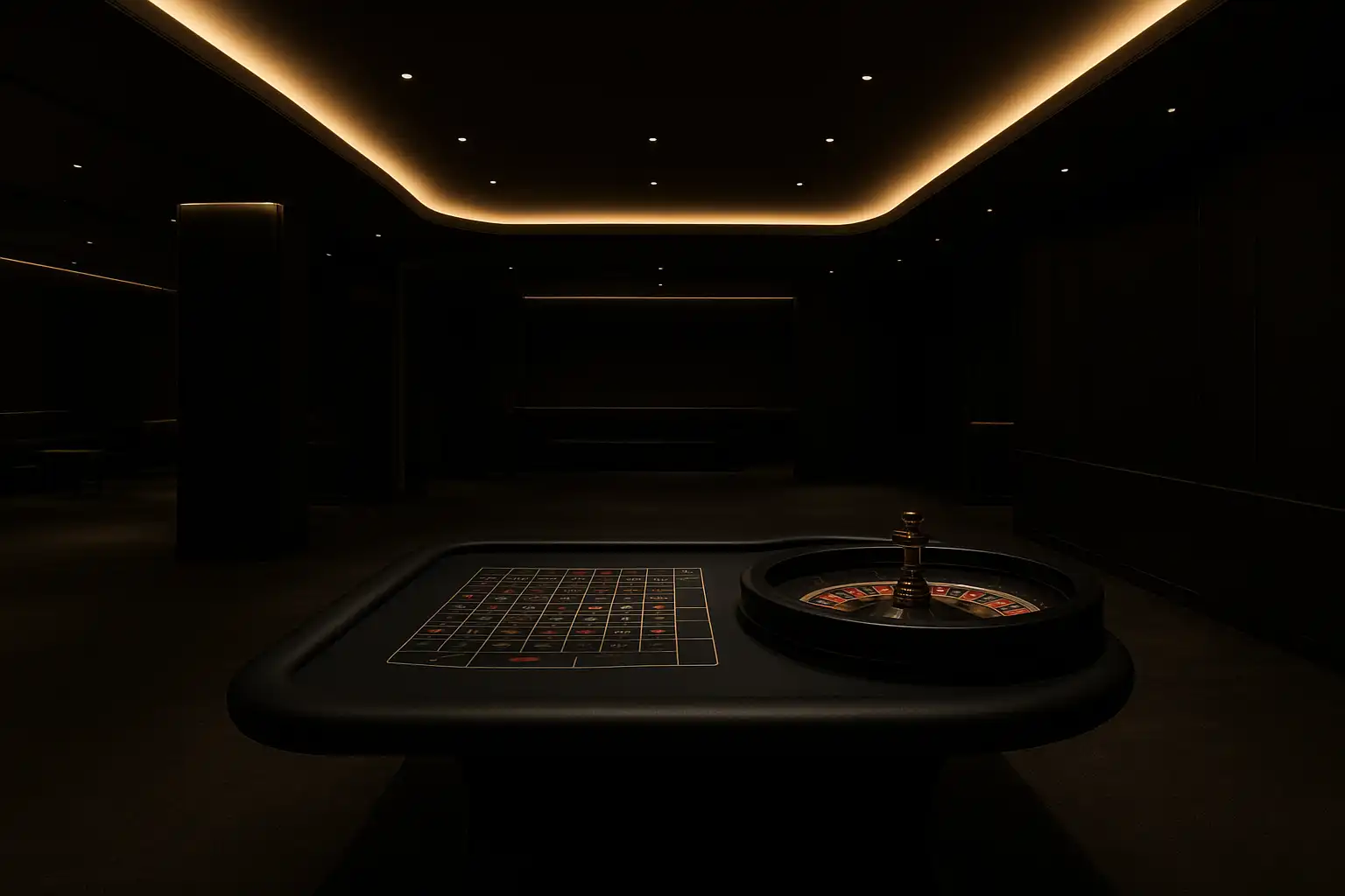 Minimalist black and gold casino interior with empty roulette table