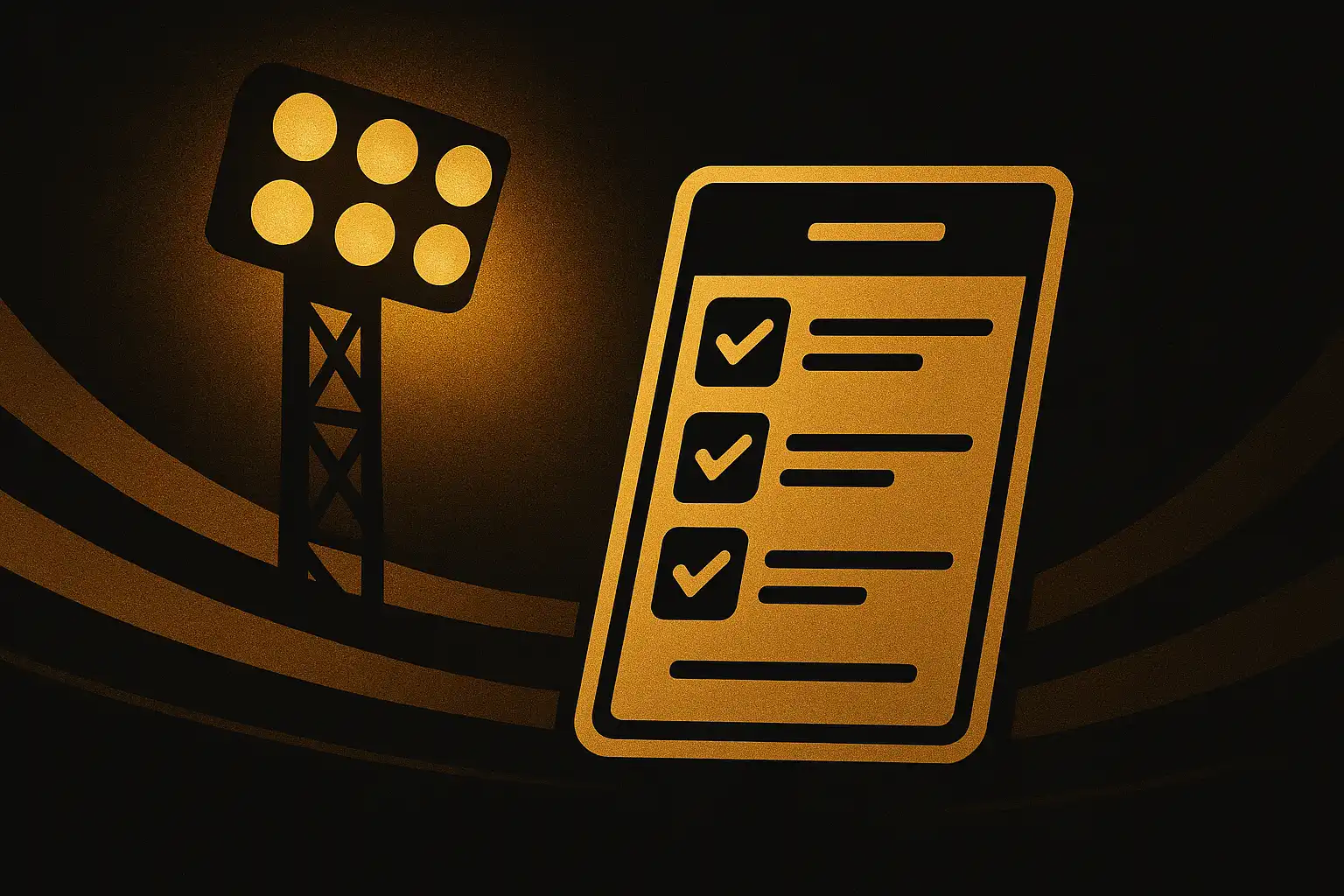 Sports betting slip and stadium floodlights illustration in gold and black